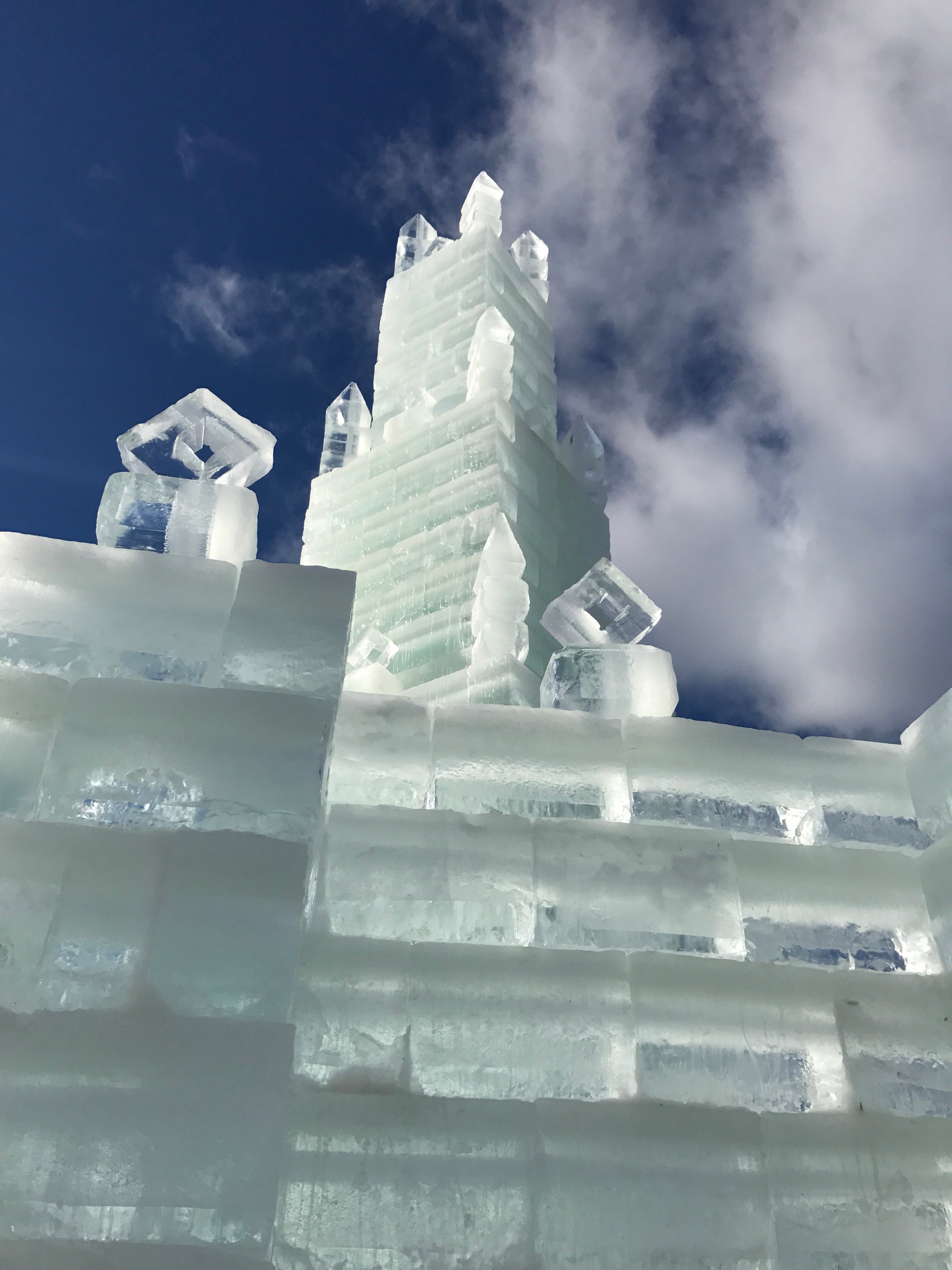 A low angle shot of the ice castle's tower.