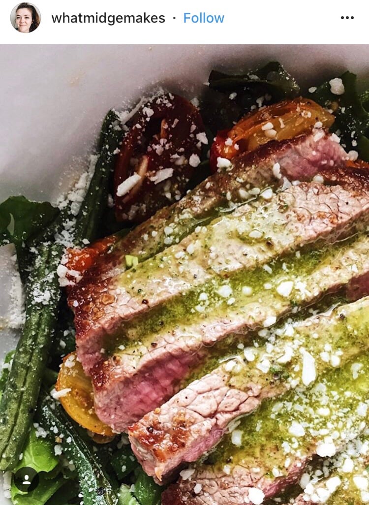 An Instagram post from whatmidgemakes showing steak with chimichurri sauce.