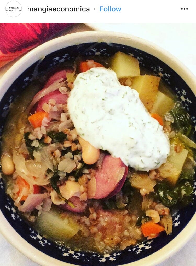 An Instagram post from mangiaeconomica featuring a a Polish dish with kielbasa, rice, and vegetables.