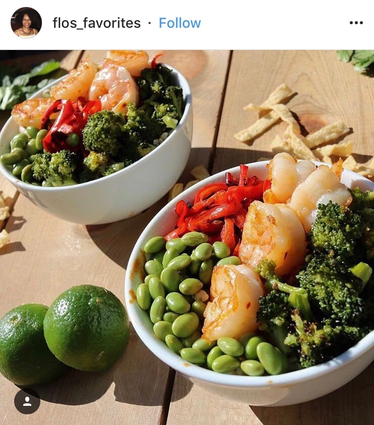 An Instagram post from flos_favorites showing two bowls with shrimp, lima beans, broccoli, and peppers.