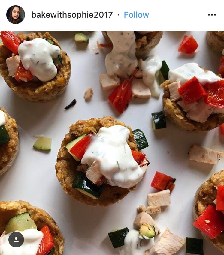 An Instagram post from bakewithsophie2017 featuring chick pea cups with veggies and white sauce.