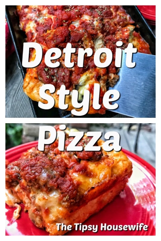Two images of Detroit style pizza with the words "Detroit Style Pizza" over them.