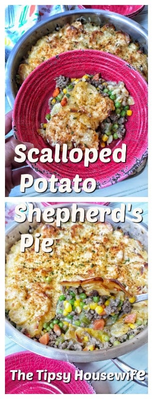 An image of Shepherd's Pie with the title "Scalloped Potato Shepherd's Pie" over it.