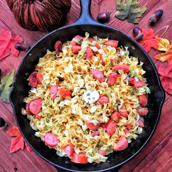 Smoked Sausage and Egg Noodles in a cast iron skillet
