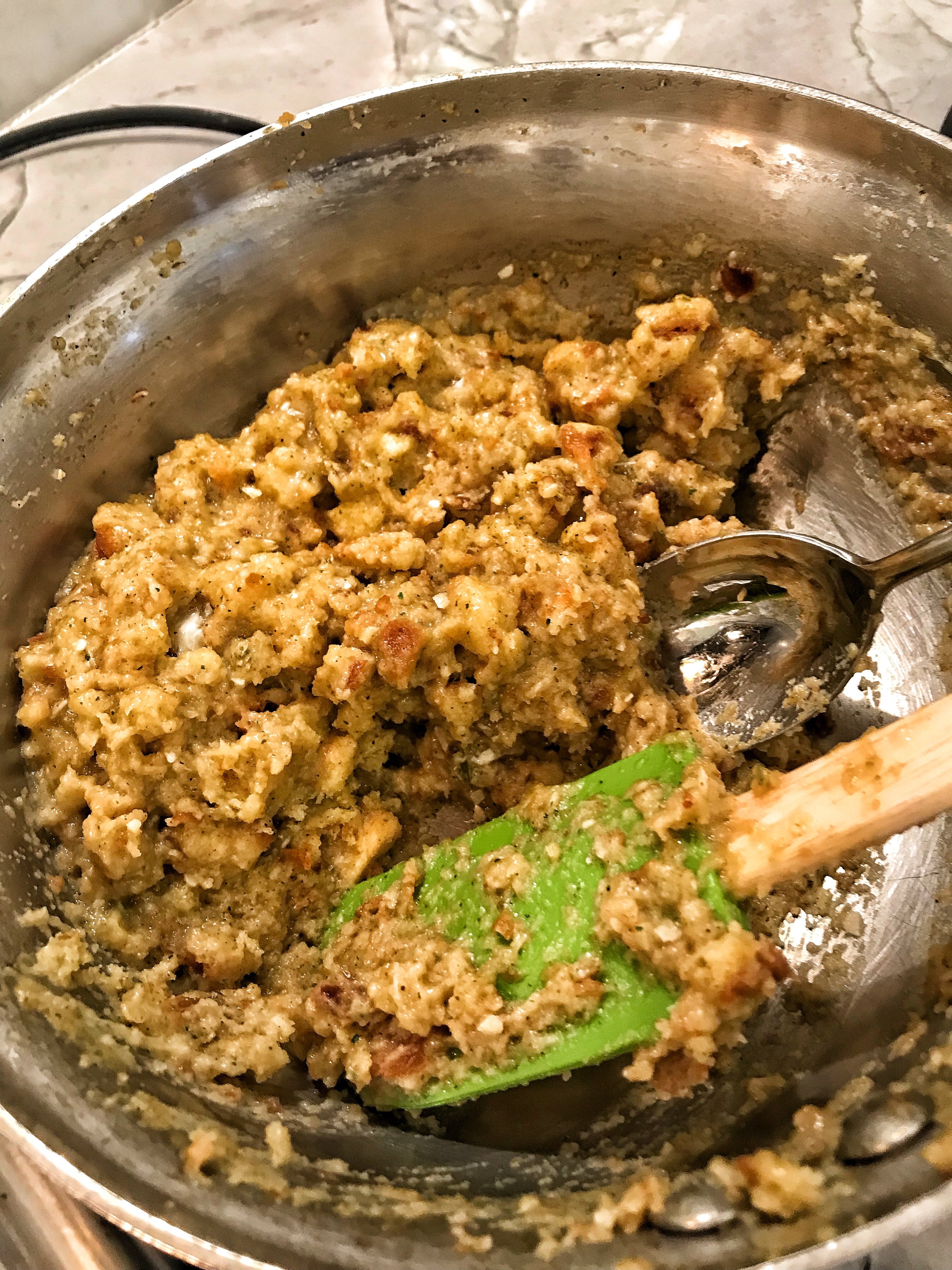 Stuffing being mixed in a bowl