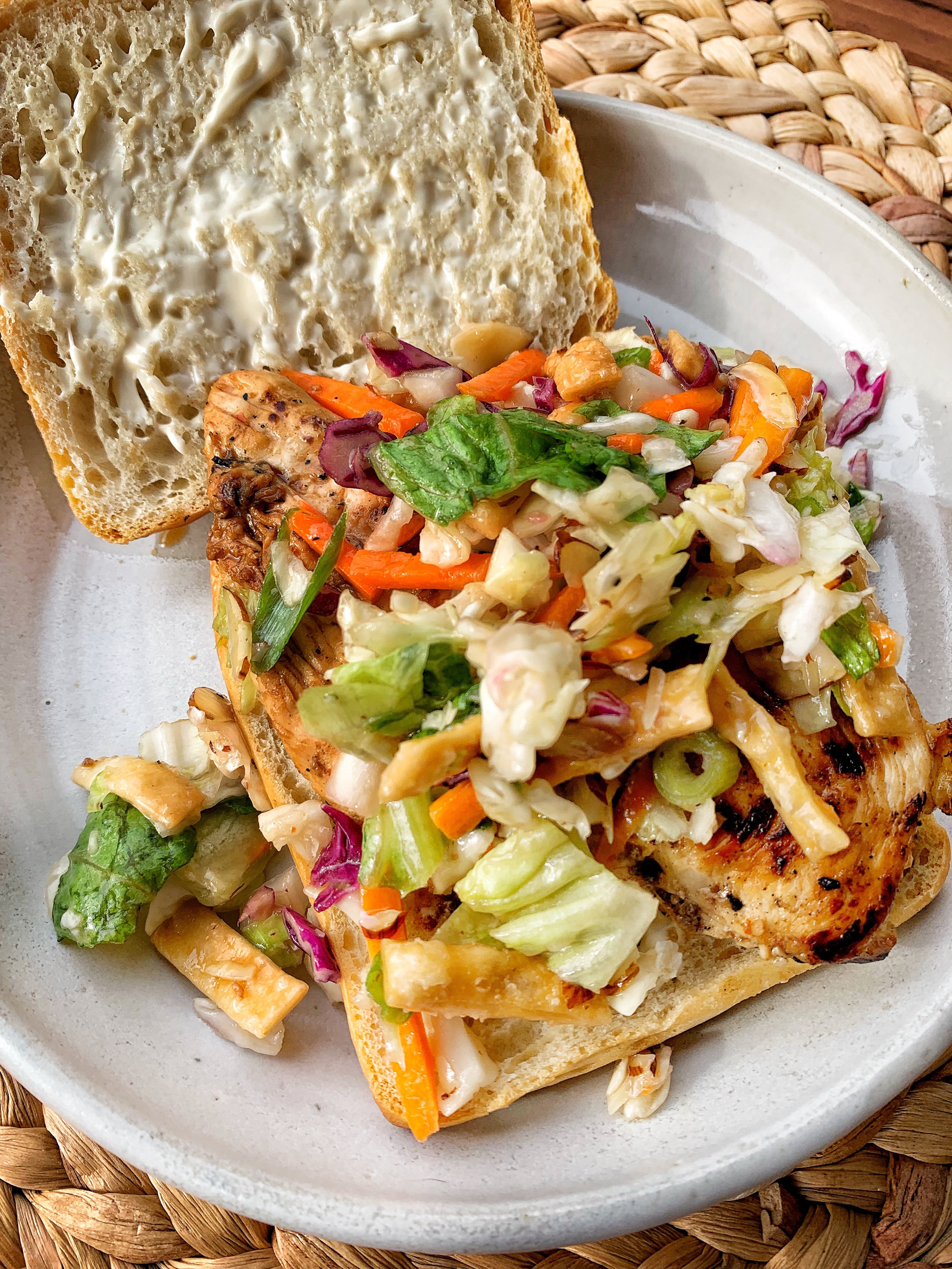 Open faced asian grilled chicken sandwich