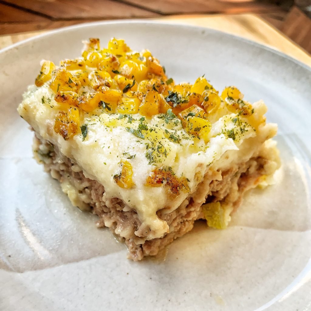 Meatloaf topped with Mashed Potatoes and Corn