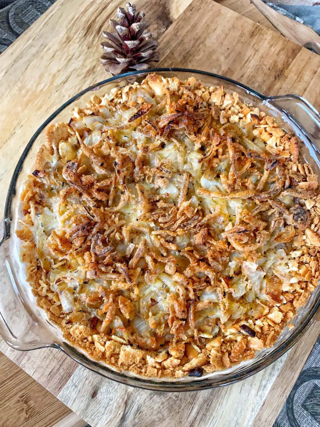 Creamy onions with cheese and crispy french fried onions.