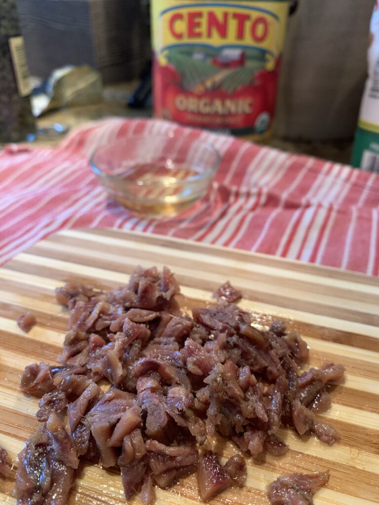 Chopped anchovies for the Lemon Caper Chicken Cutlets
