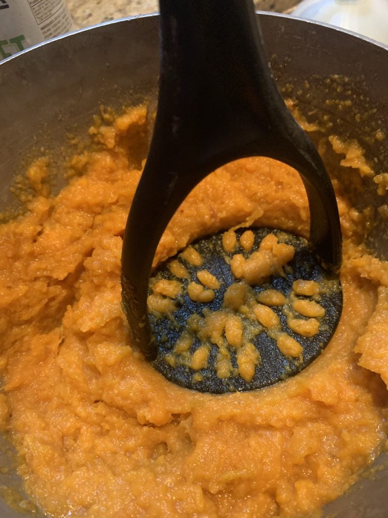 Mashed sweet potatoes with butter, brown sugar, maple syrup, and salt.