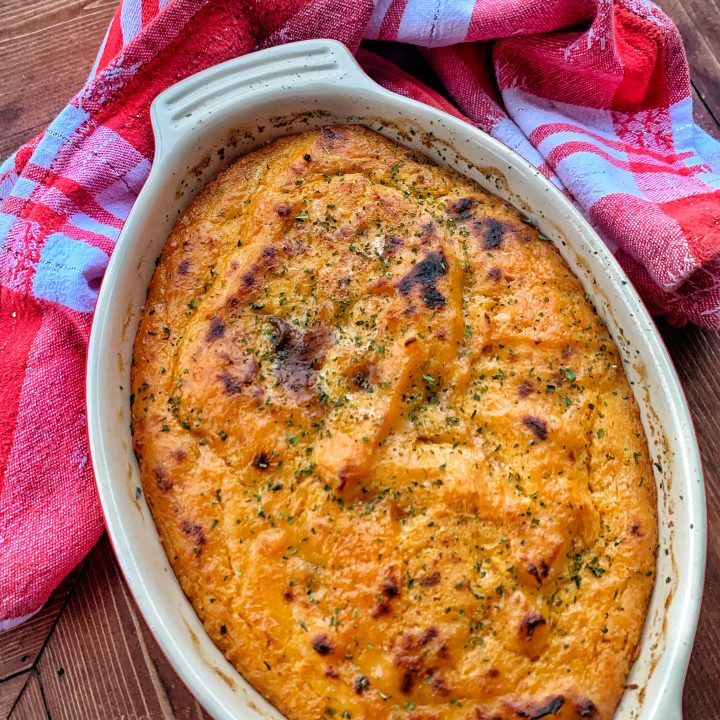 A casserole with whipped sweet potatoes that is cripsy on top