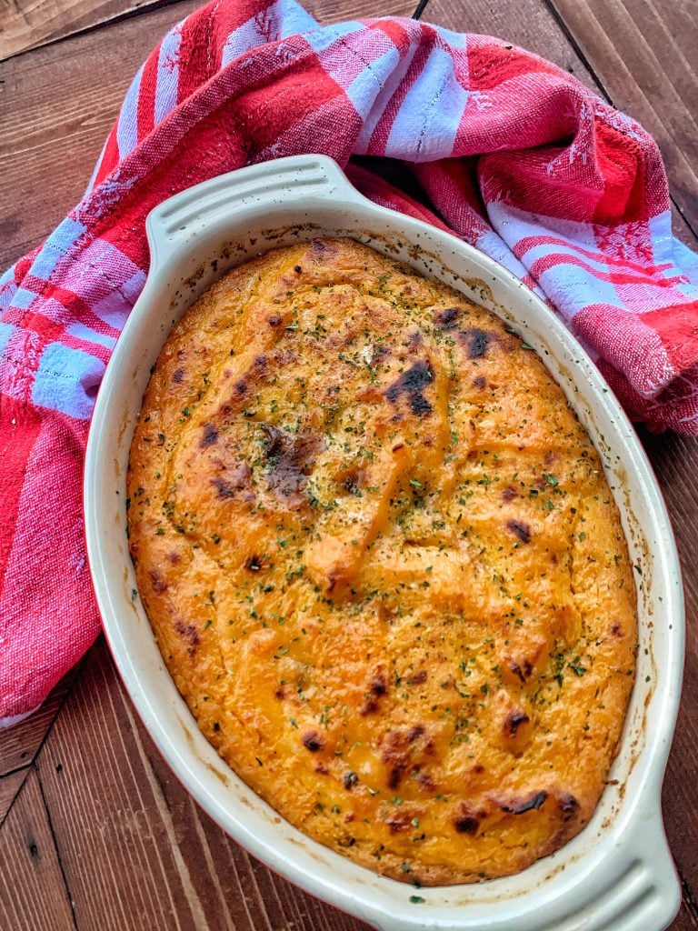 A casserole with whipped sweet potatoes that is cripsy on top