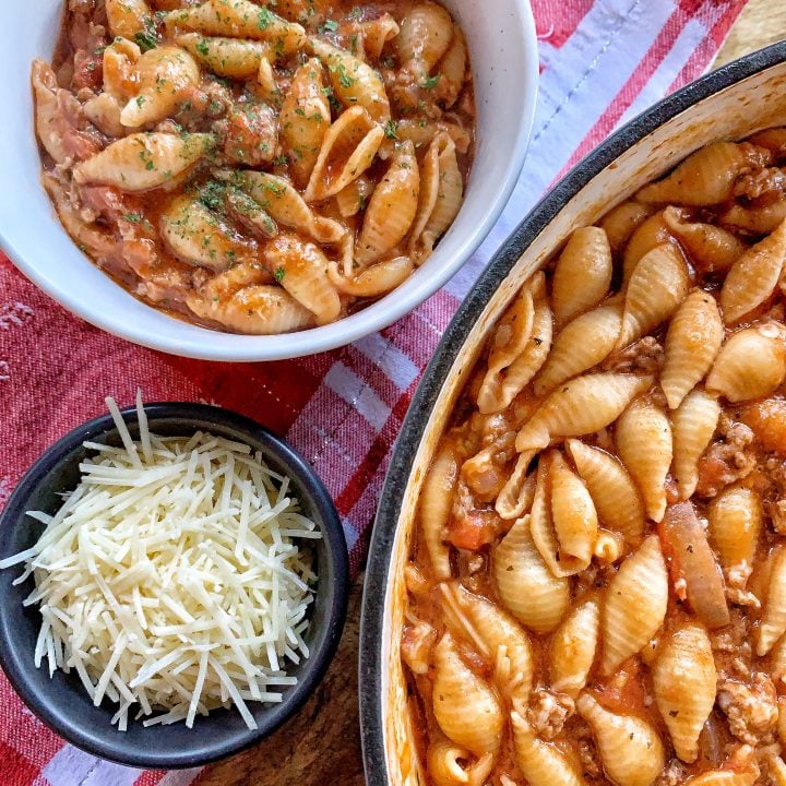 Beefy Tomato Shells & Cheese