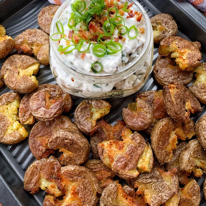 Baby potatoes with a sour cream bacon blue cheese dip