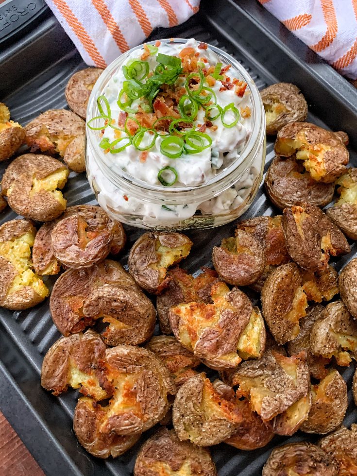 Baby potatoes with a sour cream bacon blue cheese dip
