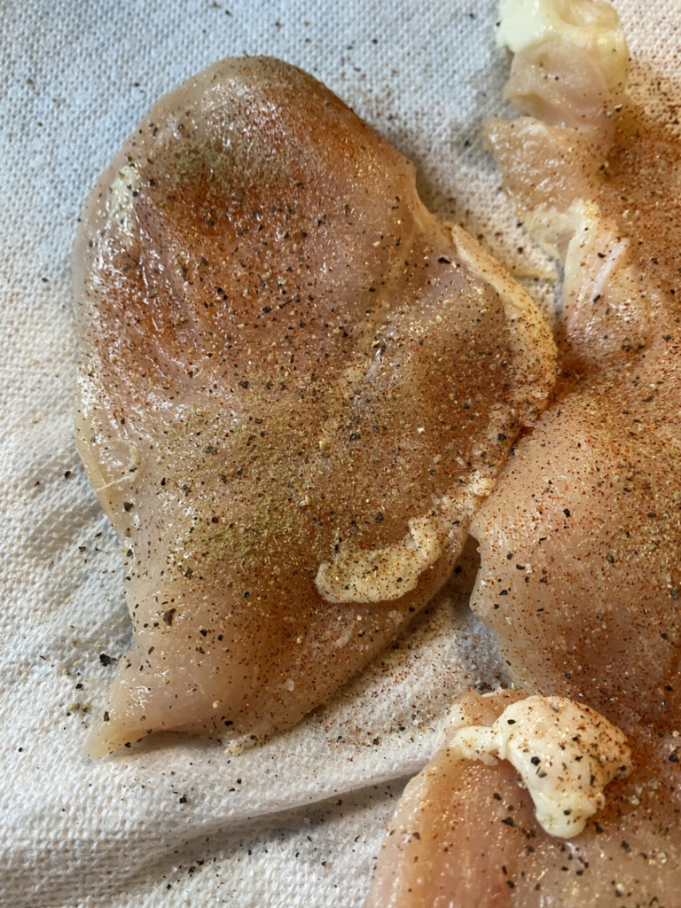 Seasoned chicken breasts for Swiss Chicken Bake