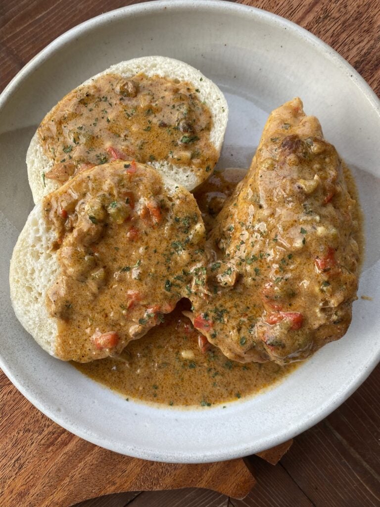 Paprika chicken over bread dumplings