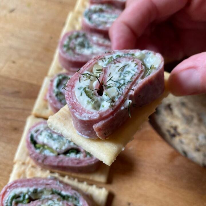 Salami roll ups on crackers