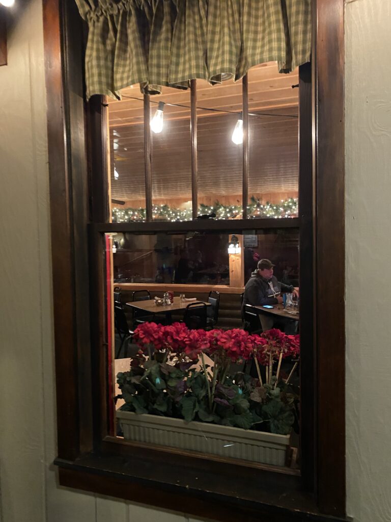 The view out the window at night from the Twilight Supper Club
