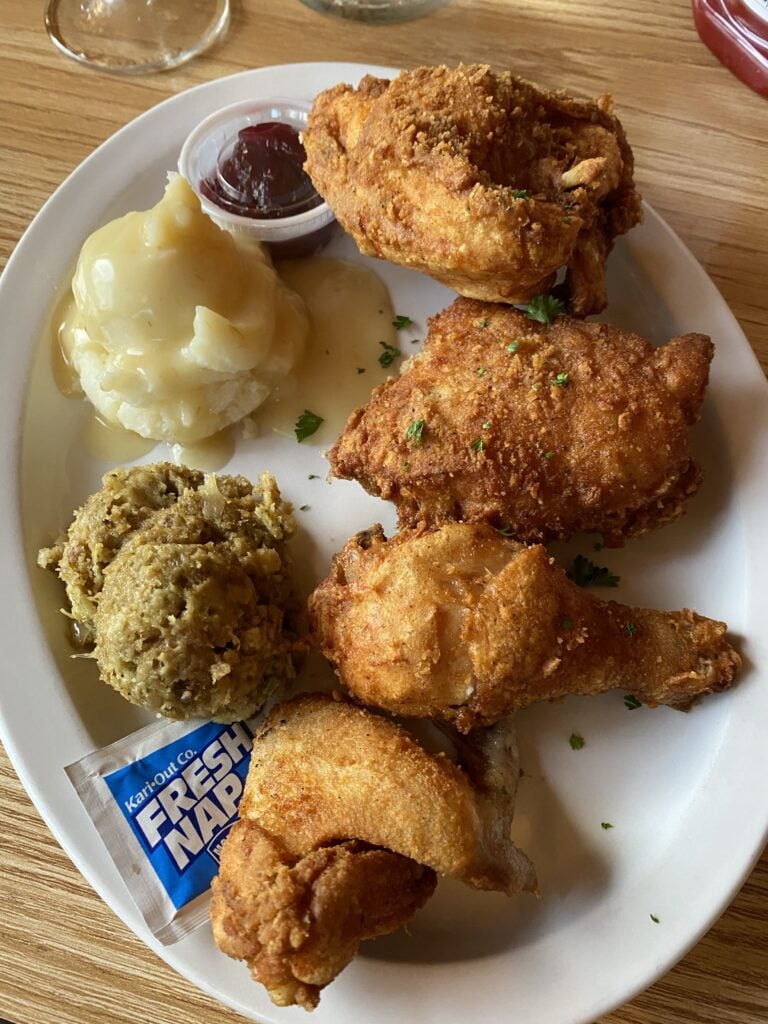 Fried chicken with mashed potatoes and stuffing