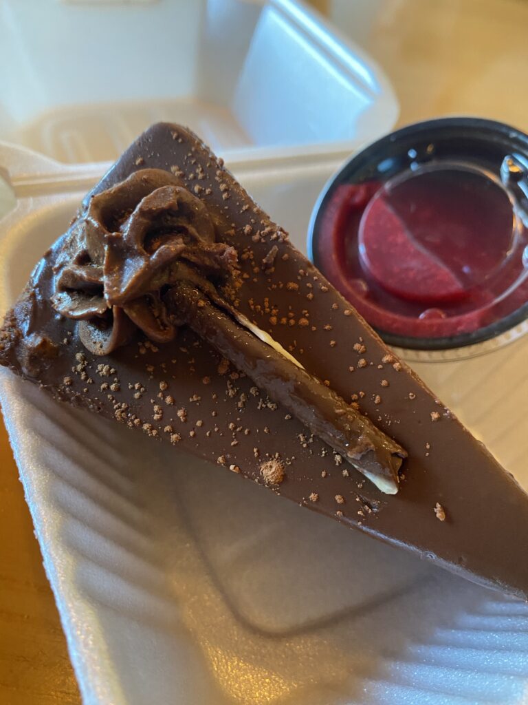 Chocolate cake with a side of raspberry sauce