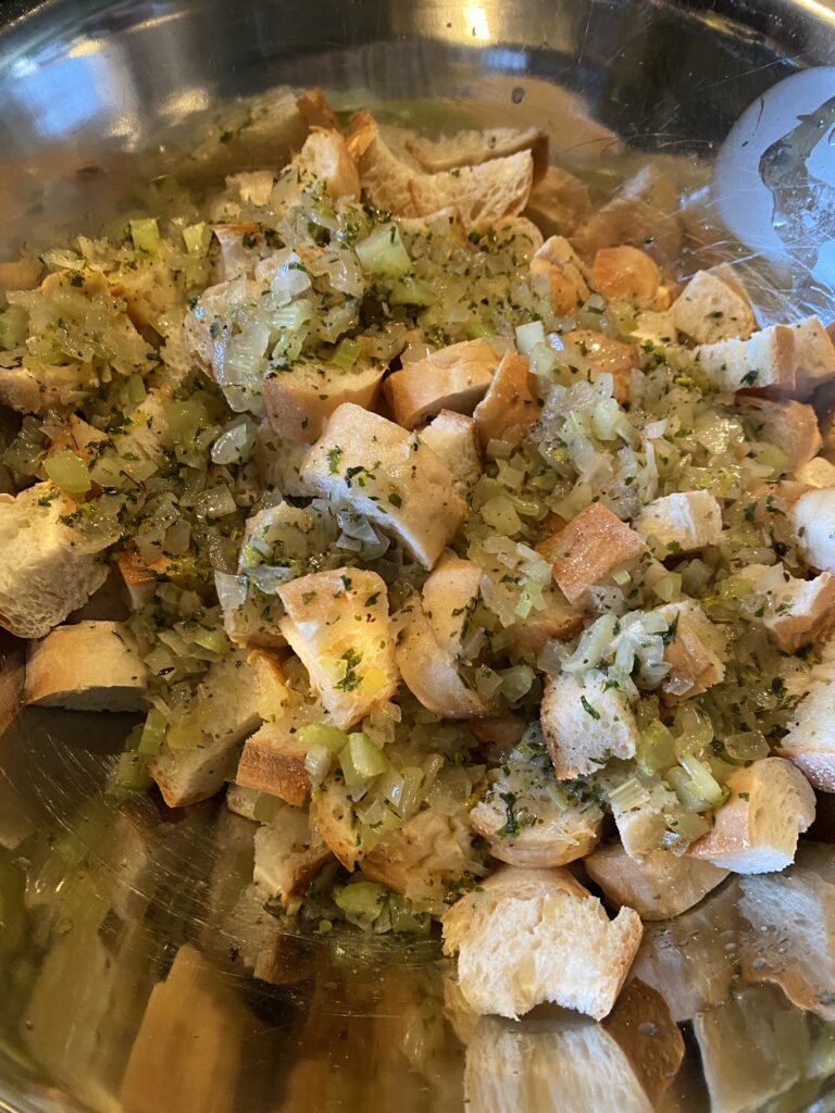 Stuffing in a metal bowl