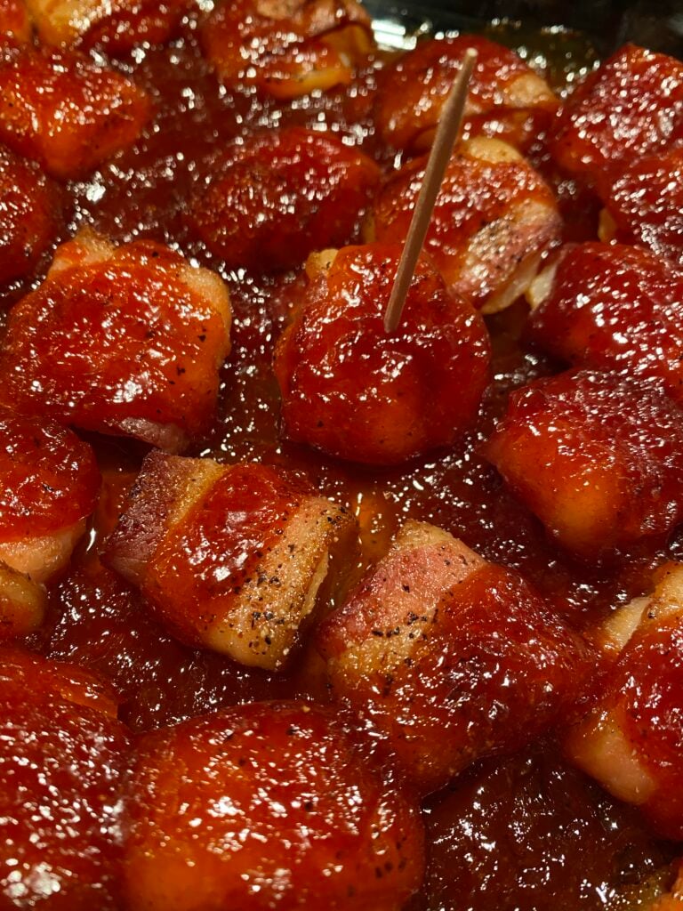 Bacon Wrapped Water Chestnuts with Tangy Barbeque