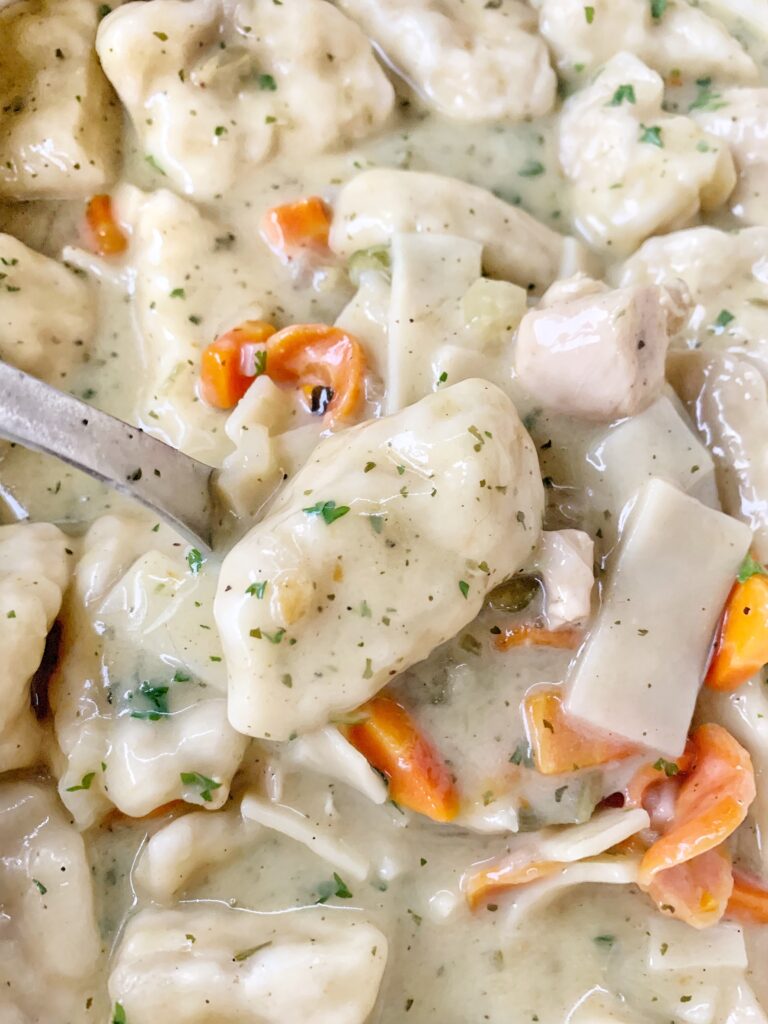 A spoon of chicken and dumplings