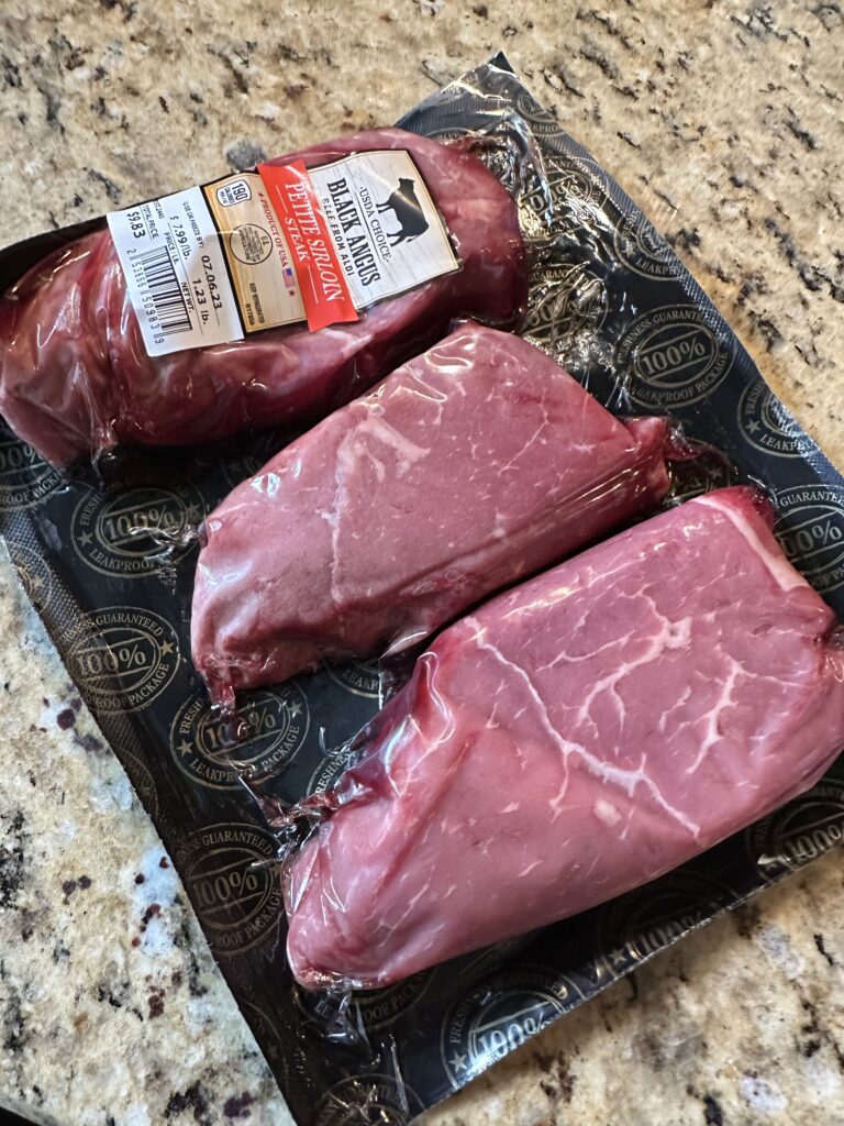 A three-pack of black angus sirloin steaks
