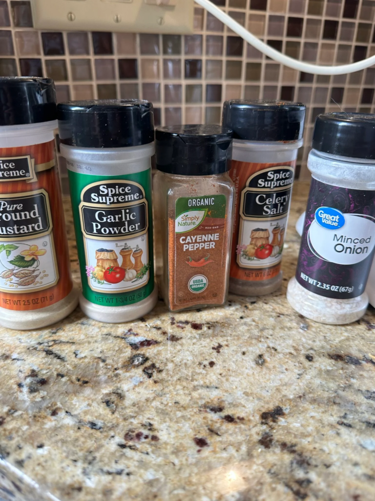 Dry mustard, garlic powder, cayenne pepper, celery salt, and dried onion for Pepper Jelly Cheese Dip