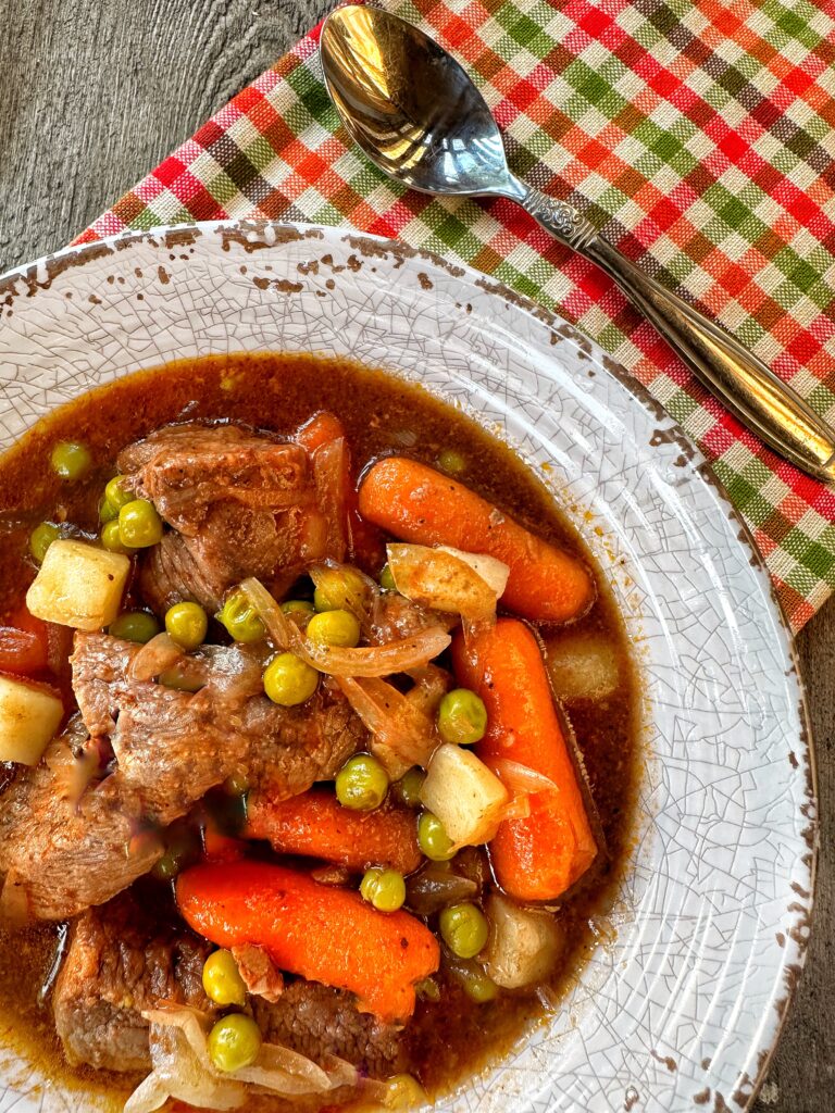A bowl of classic beef stew