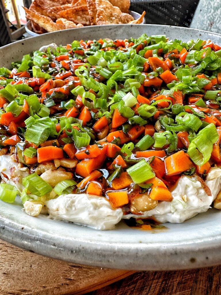 A close up of the finished egg roll dip