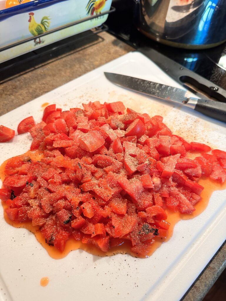 Diced peppers on a cutting board