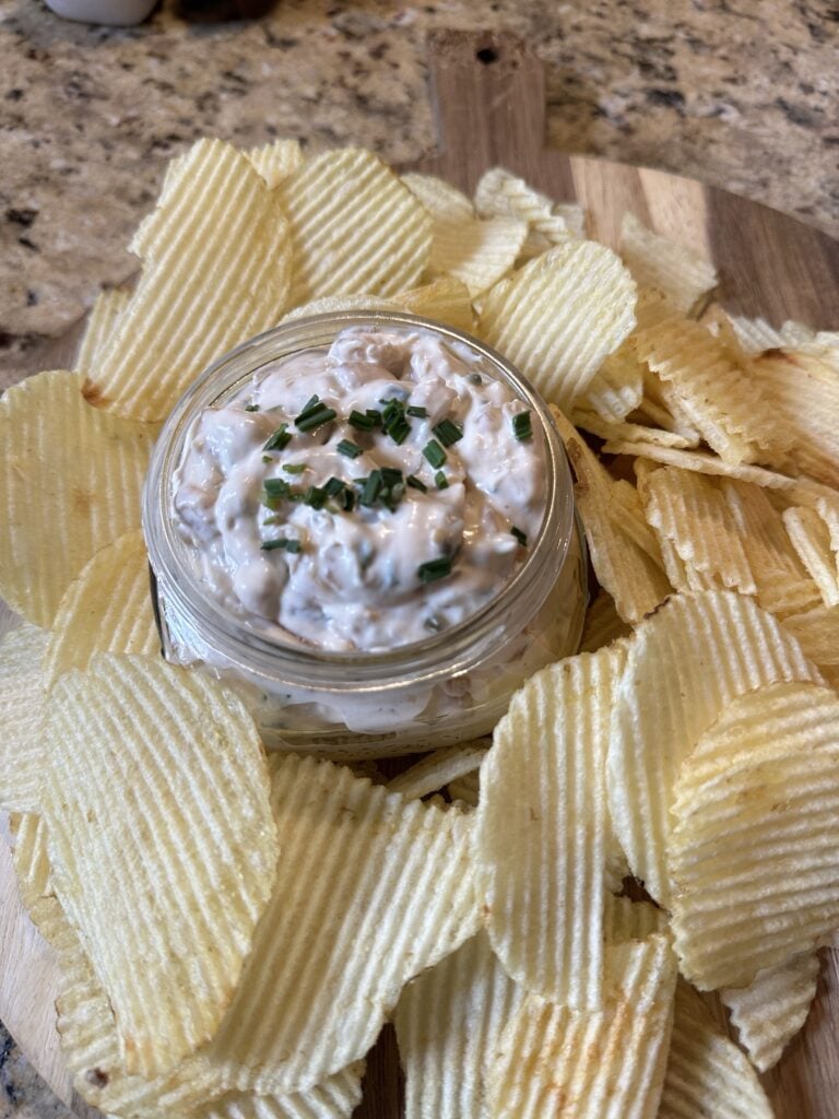 The completed dip surrounded by chips