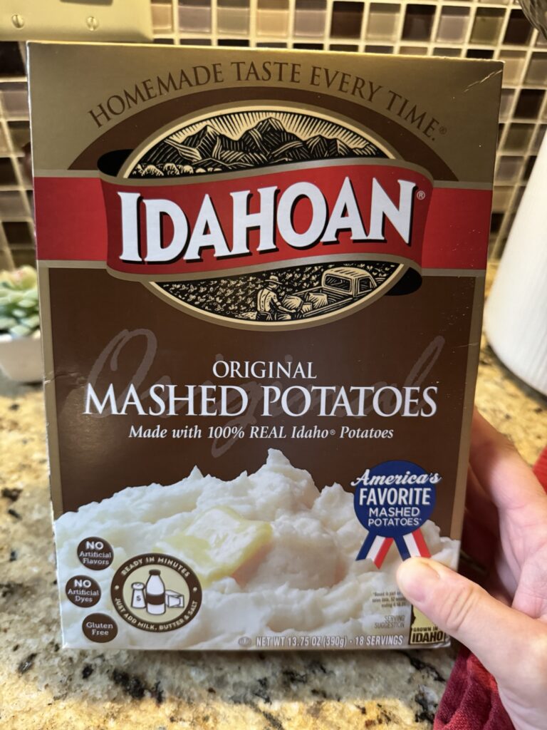 A box of Idahoan brand instant mashed potatoes