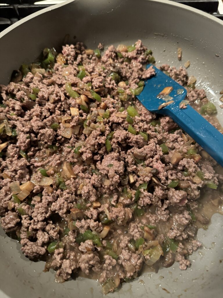 Cooked ground beef and veggie mix