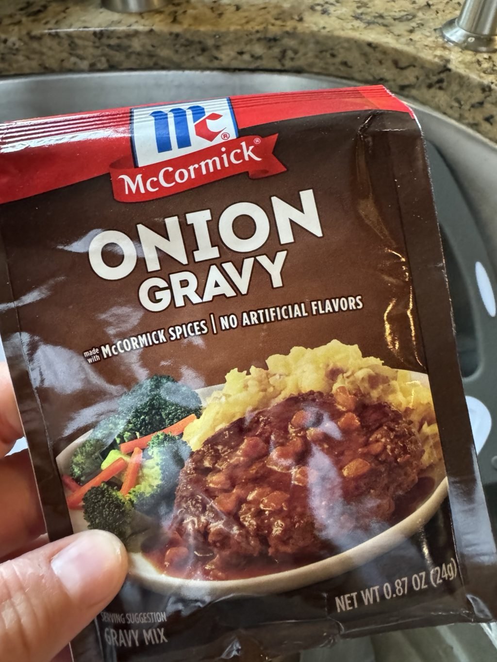 A packet of McCormick Onion Gravy