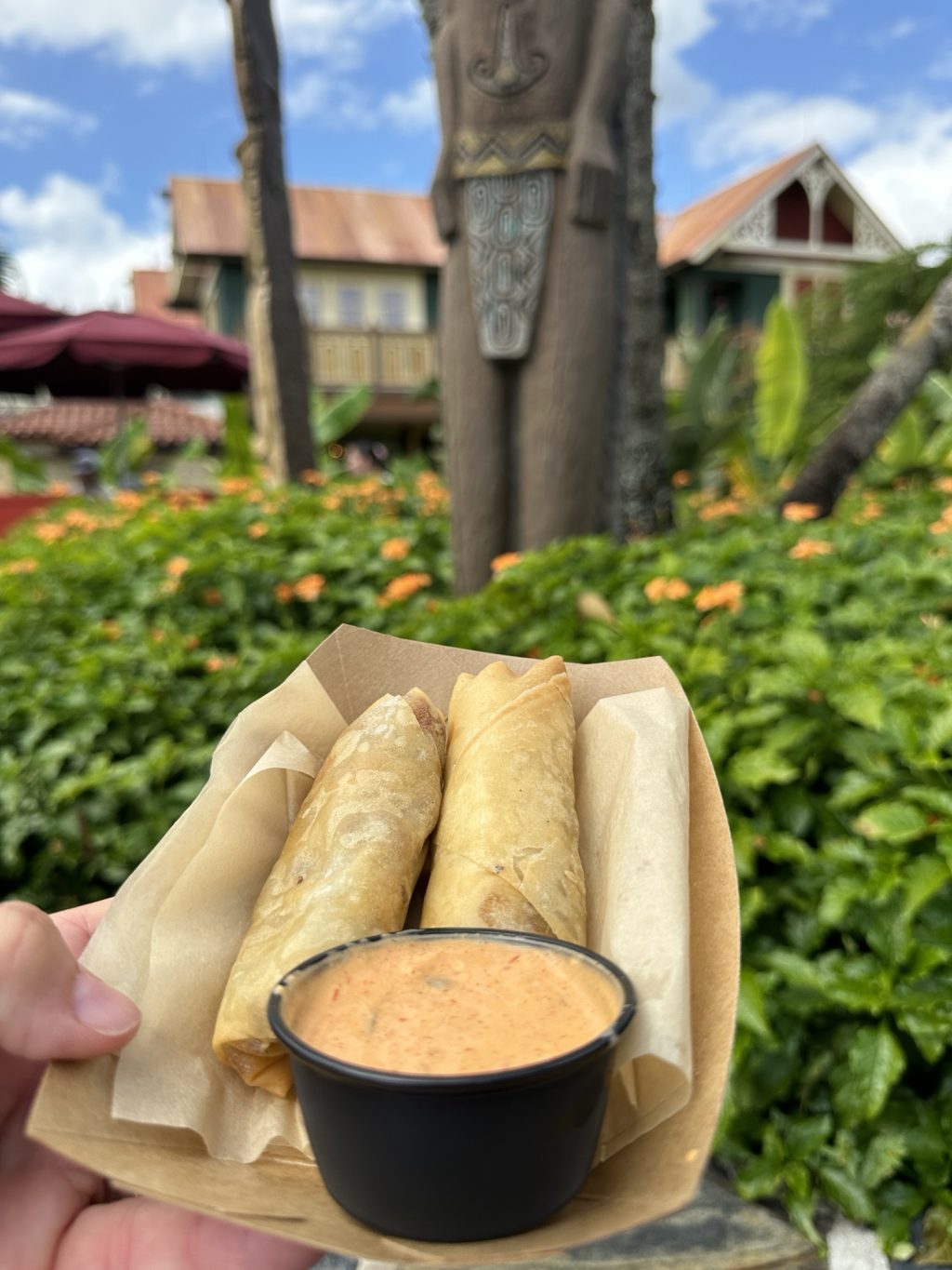 Cheeseburger Spring Rolls with a side of Thousand Island dressing held up with Adventure Land in the background