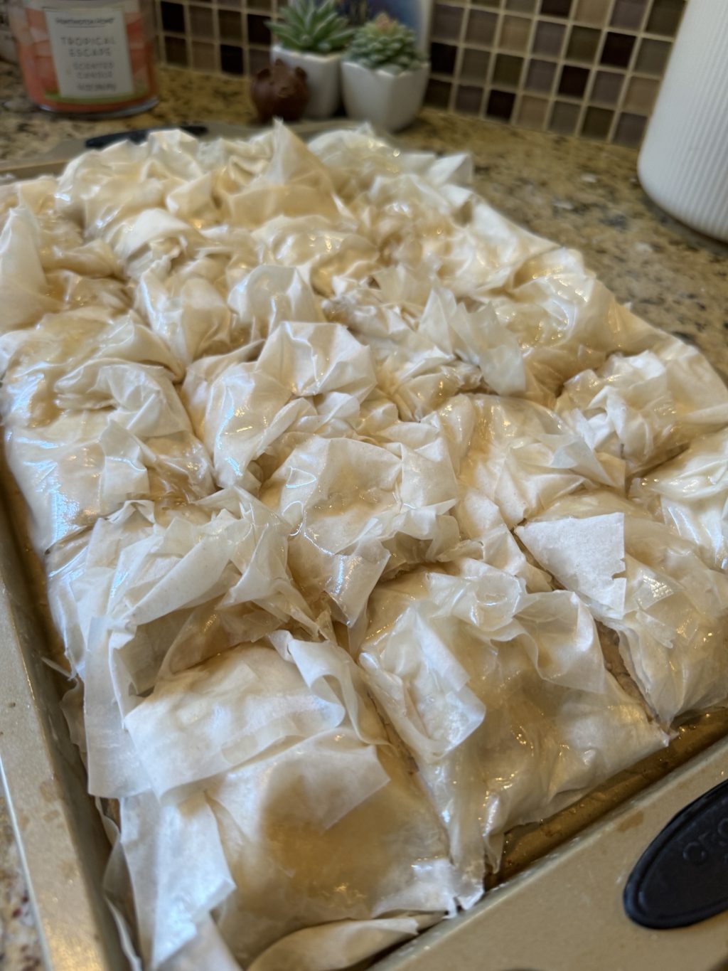 The dish has been cut into squares before it will be baked