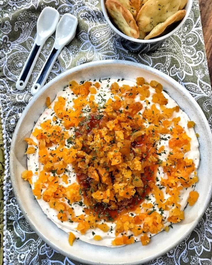 Whipped Goat Cheese With Sweet Chili Sauce and Crumbled Apricot