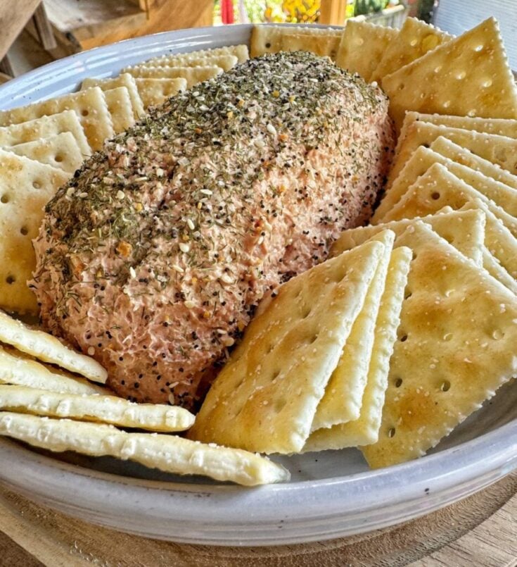 A loaf of liver sausage spread surrounded by Saltine crackers.