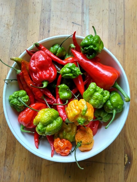 A bowl of various spicy peppers.