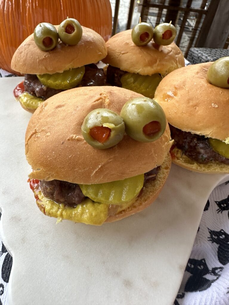 A close up of the Halloween Onion Butter Burgers.