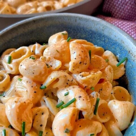 A close up of a bow of Poor Man's Lobster Pasta.