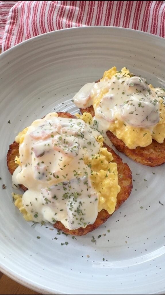 Egg Topped Hash Browns With Bacon Gravy
