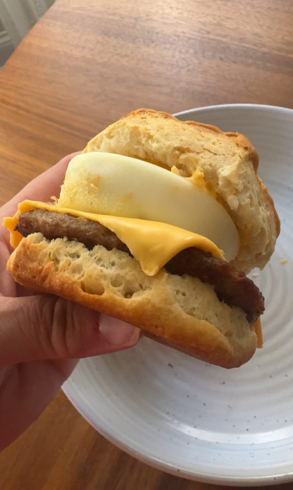 A close up shot of a homemade egg McMuffin