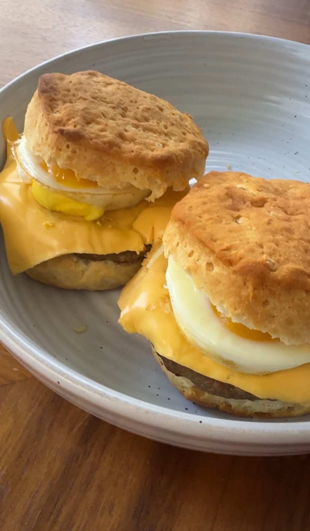 A close up of the finished homemade egg McMuffin sandwiches