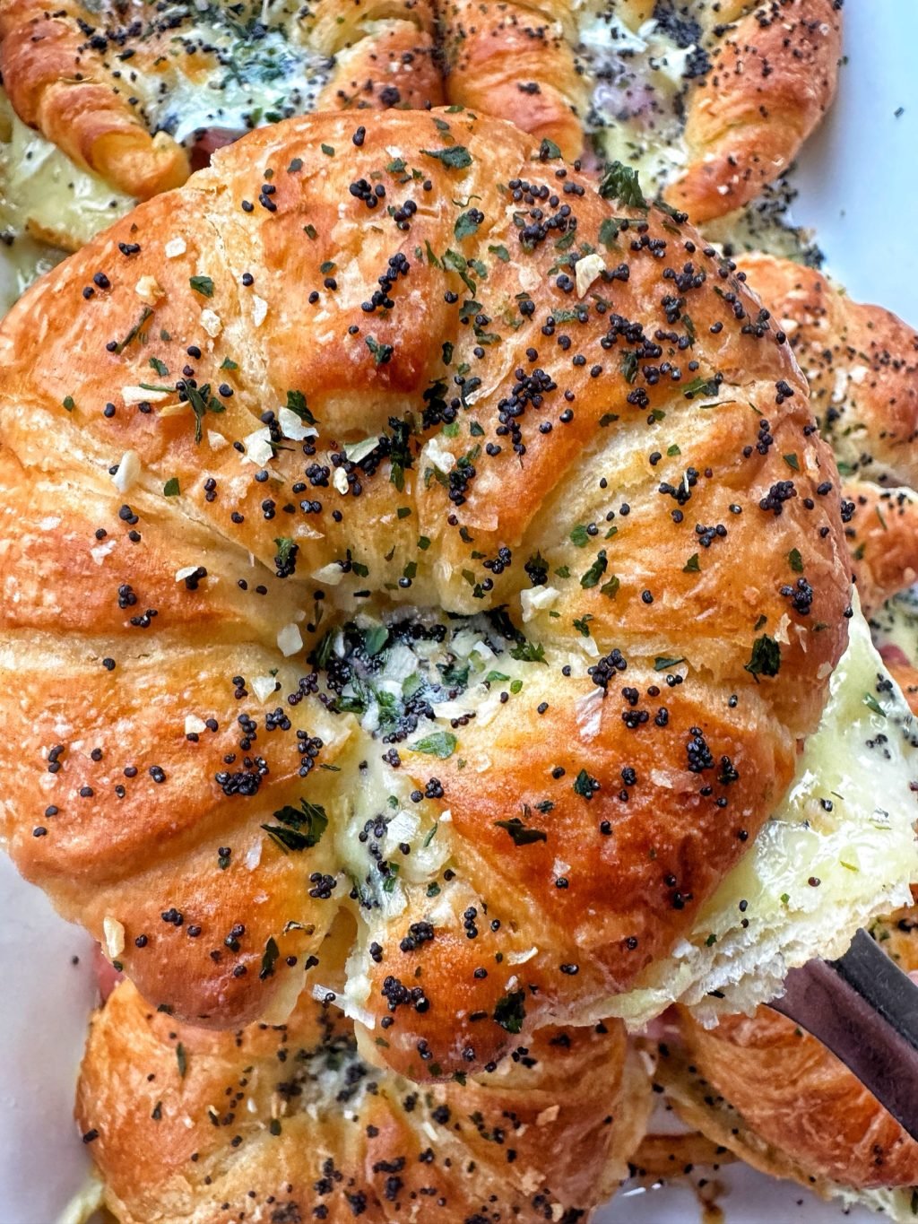 A close up shot of a completed croissant sandwich topped with poppy seeds and onion.