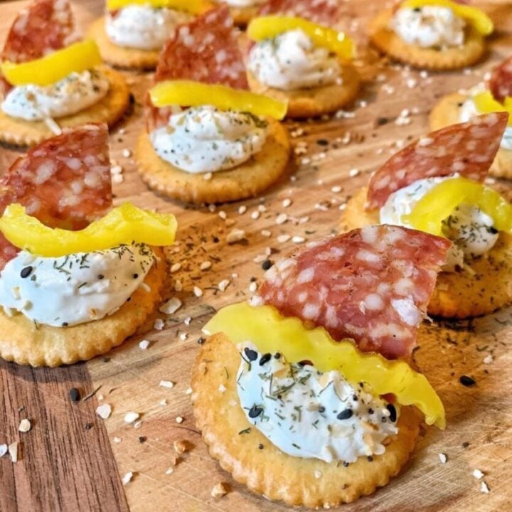 Ritz cracker snackers with cream cheese, banana peppers, and salami