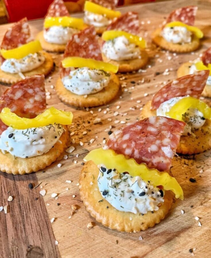 Ritz cracker snackers with cream cheese, banana peppers, and salami